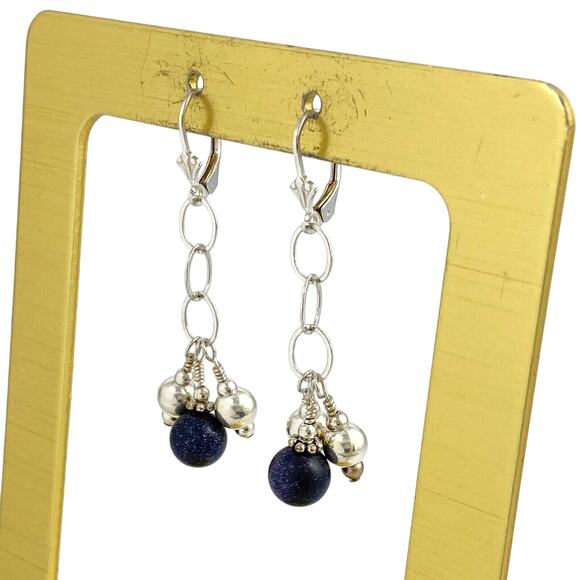 Blue Lapis Lazuli Bead Dangle Latch Back Earrings | Vintage Sterling Silver - Picture 5 of 9